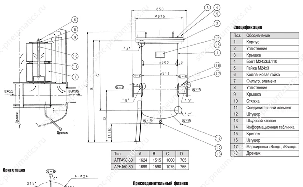 Конструкция и размеры магистрального фильтра SMC AFF450