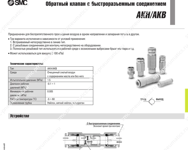 Характеристики обратных клапанов SMC AKH/AKB, лист 1