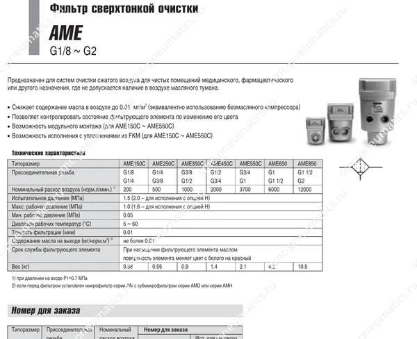 Технические данные SMC AME, лист 1