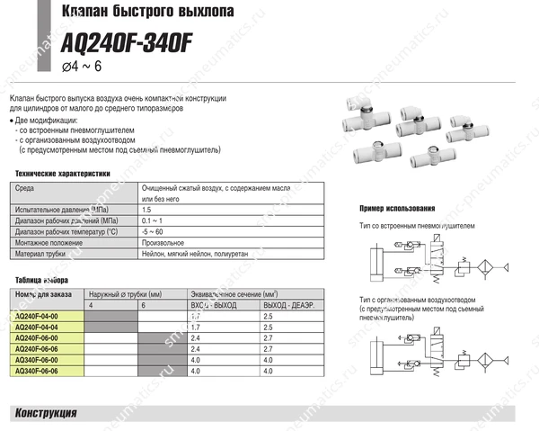 Характеристики клапанов SMC AQ240F–340F, лист 1