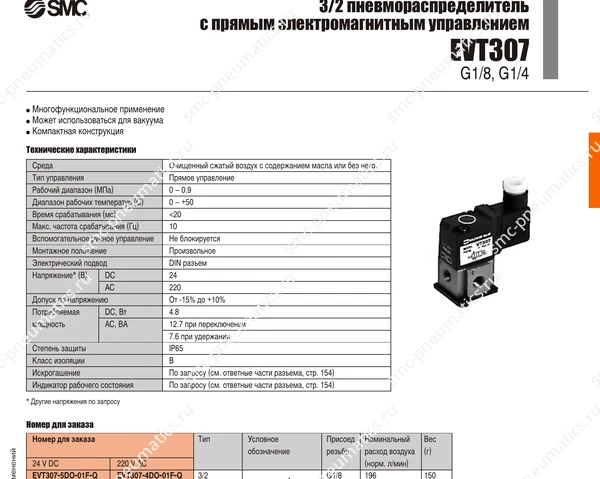 Характеристики распределителя SMC EVT307, лист 1