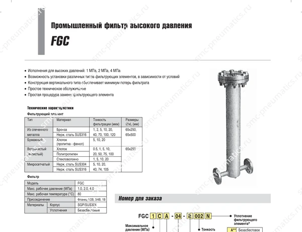 Характеристики фильтра SMC FGC, лист 1