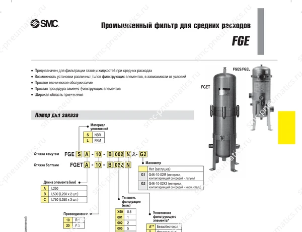 Характеристики фильтра SMC FGE, лист 1