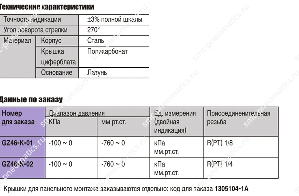 Таблица характеристик вакуумного манометра SMC GZ46