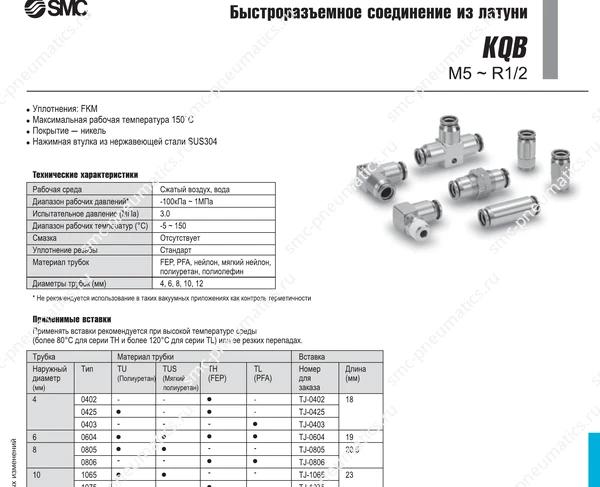 Технические данные SMC KQB, лист 1