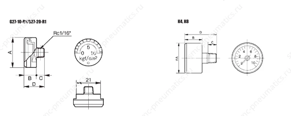 Размеры манометров G27, K4 и K8 G27 / K4 / K8 / KP8 / GA46