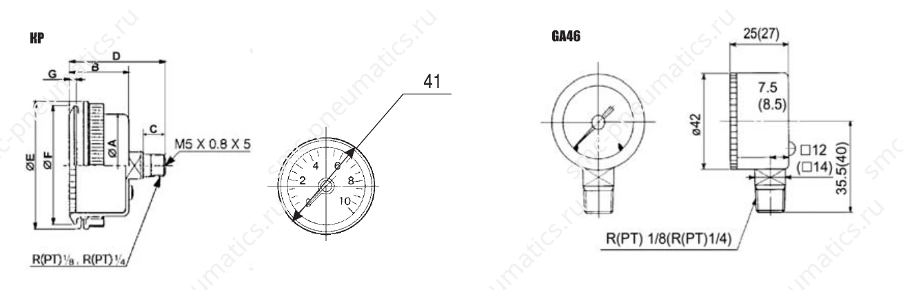 Размеры манометров KP и GA46 G27 / K4 / K8 / KP8 / GA46