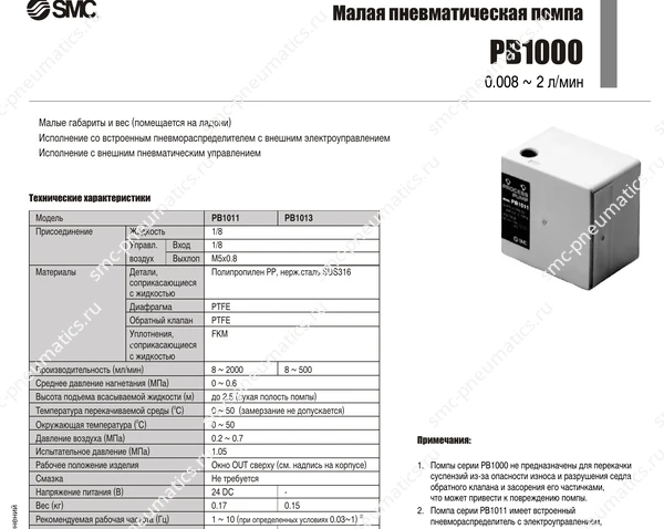 Характеристики помпы SMC PB1000, лист 1