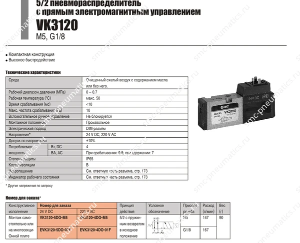 Технические данные SMC VK3120, лист 1