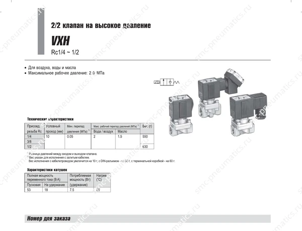 Характеристики клапана SMC VXH, лист 1
